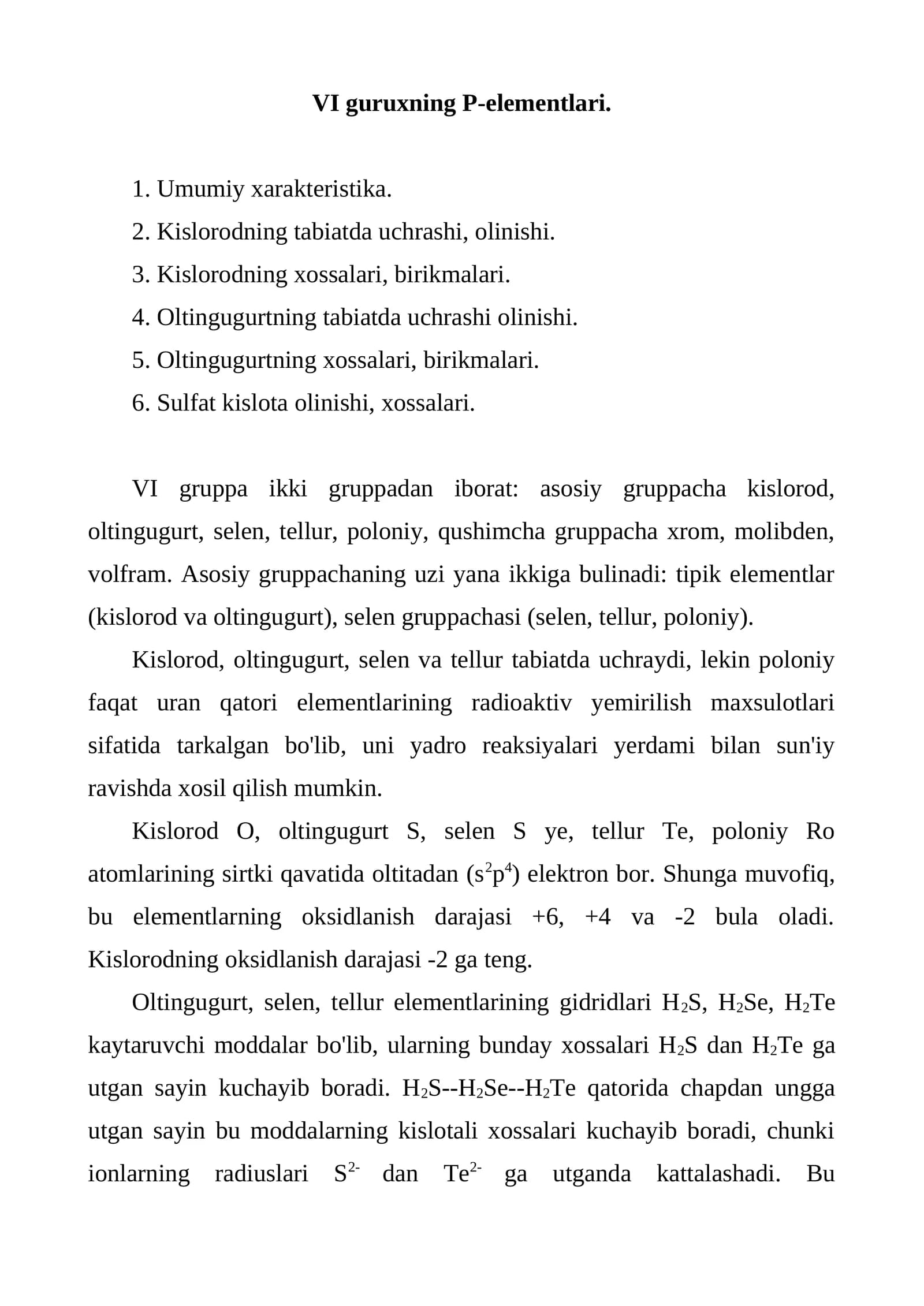 VI guruxning p-elementlari