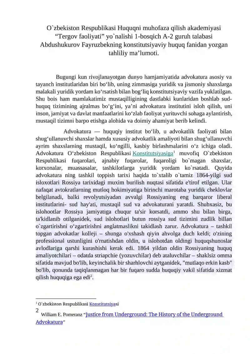 O`zbekiston Respublikasida advokaturaning konstitutsiyaviy-huquqiy asoslari