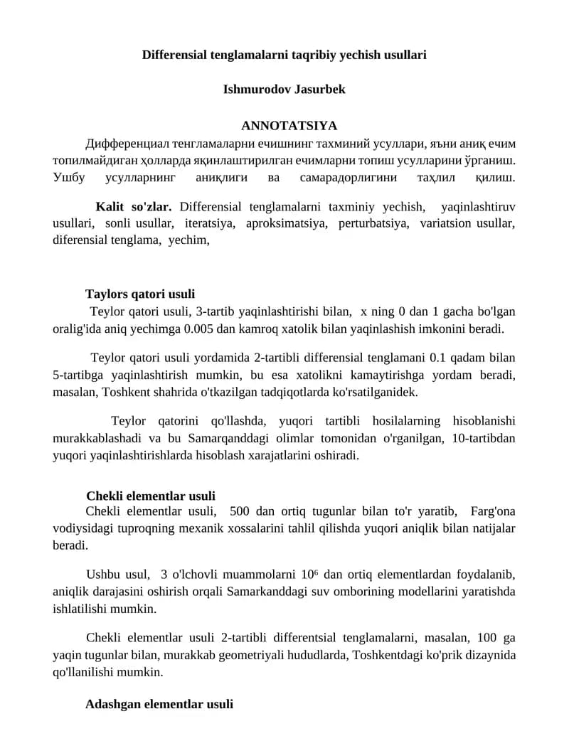 Differensial tenglamalarni taqribiy yechish usullari