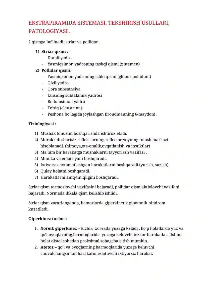 EKSTRAPIRAMIDA SISTEMASI. TEKSHIRISH USULLARI, PATOLOGIYASI