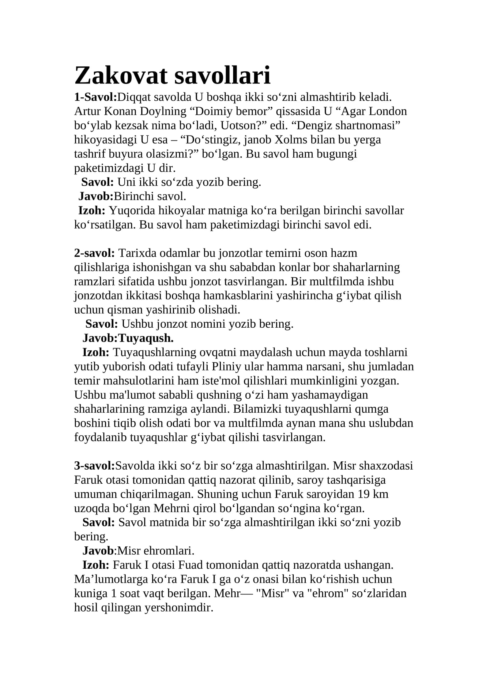 Zakovat savollari