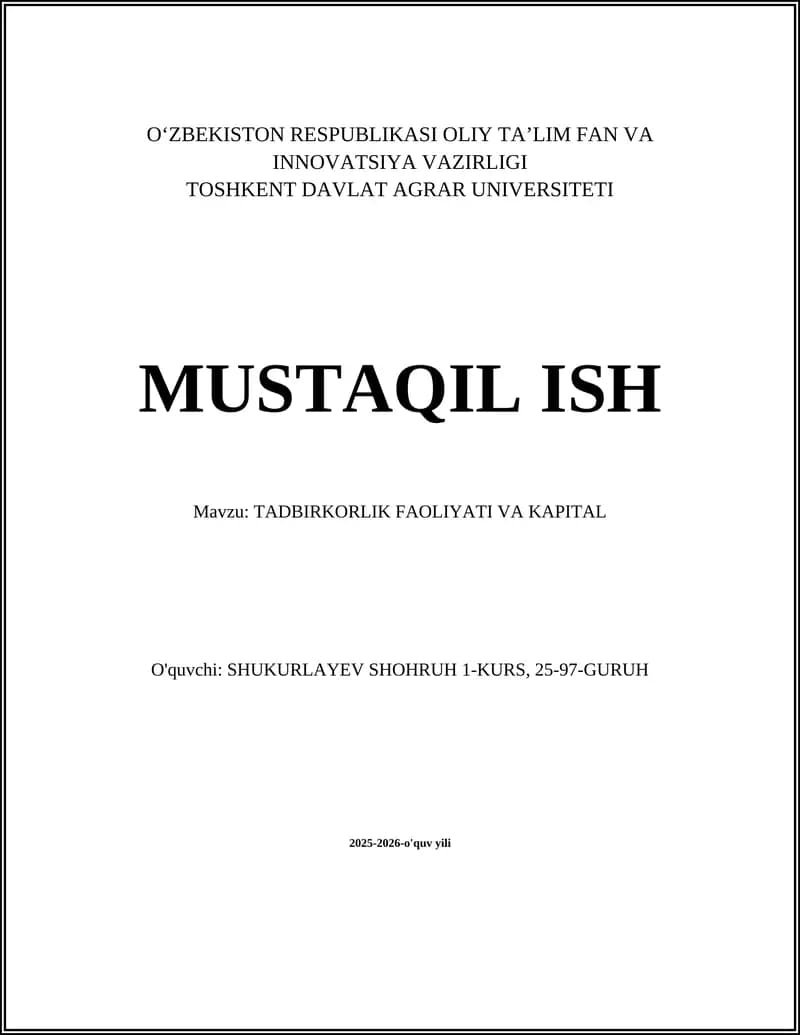 TADBIRKORLIK FAOLIYATI VA KAPITAL