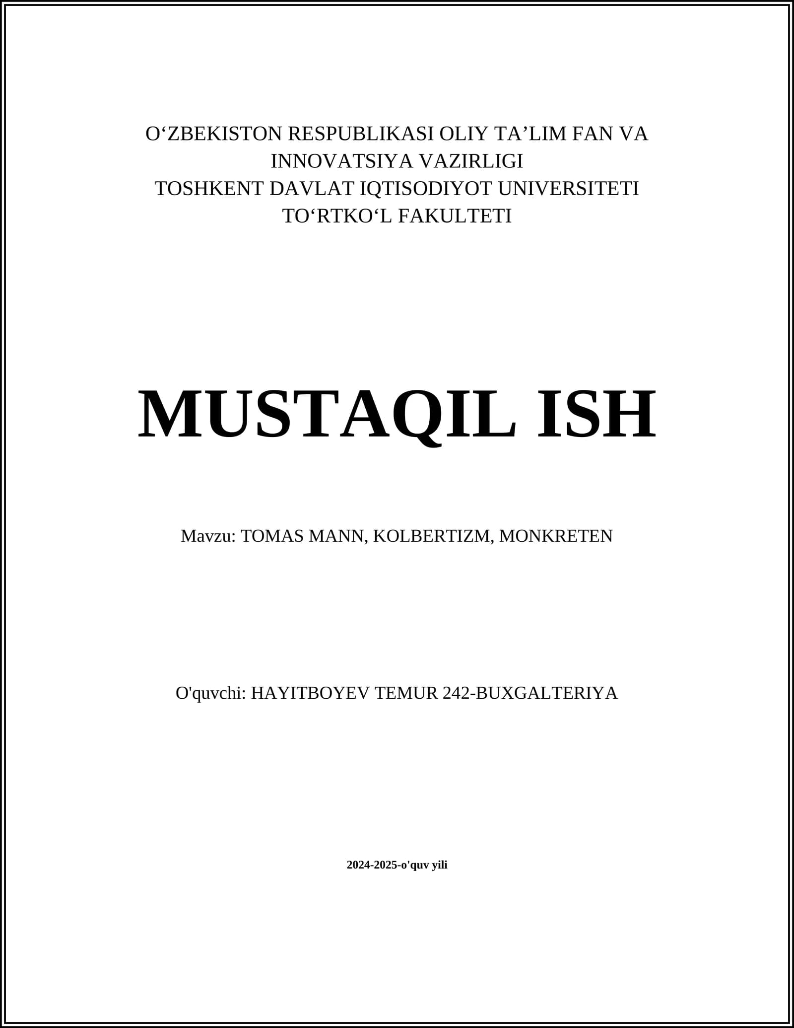 TOMAS MANN, KOLBERTIZM, MONKRETEN