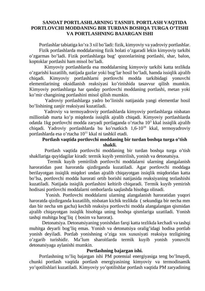 Sanoat Portlashlarning Tasnifi