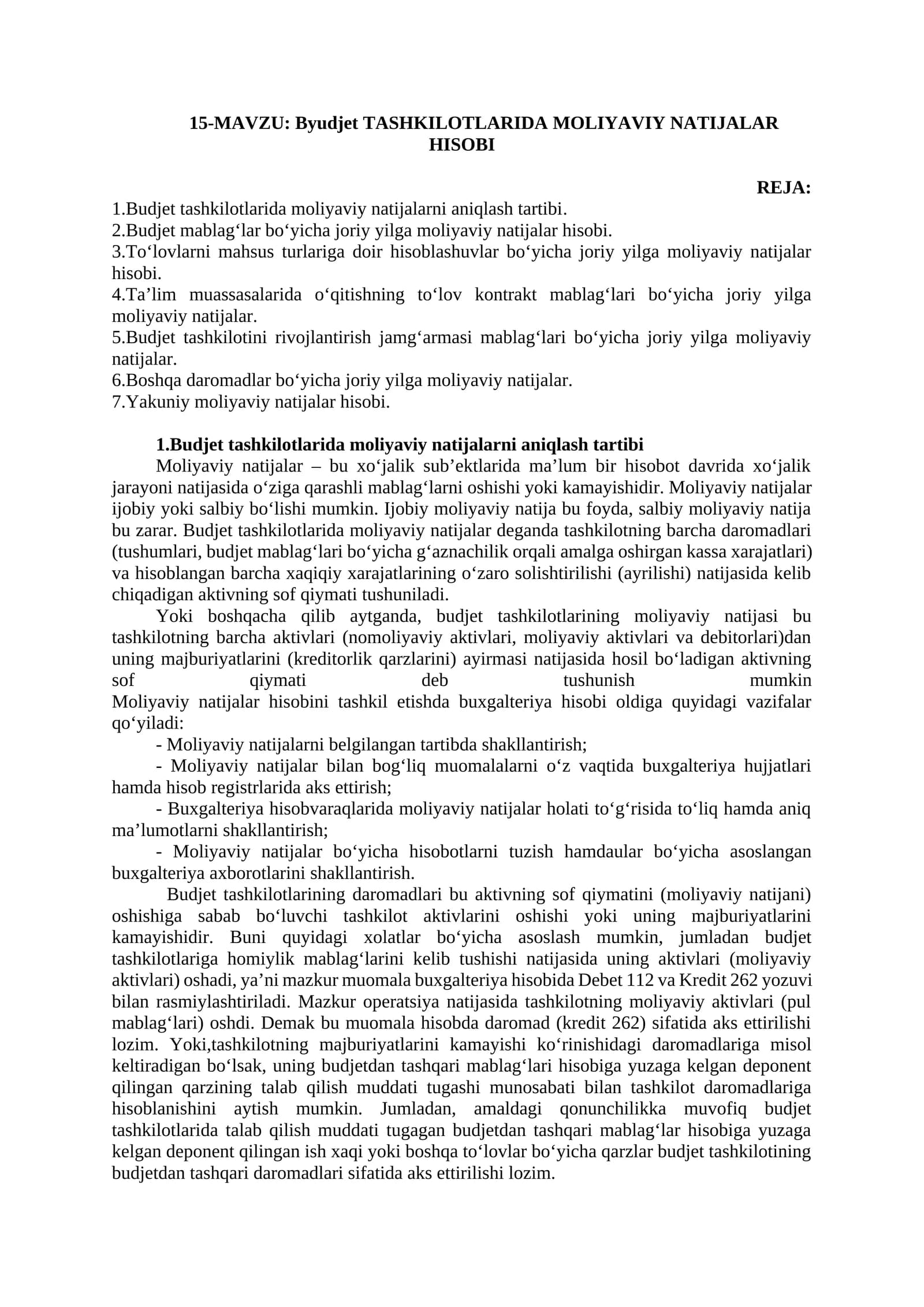Byudjet TASHKILOTLARIDA MOLIYAVIY NATIJALAR HISOBI