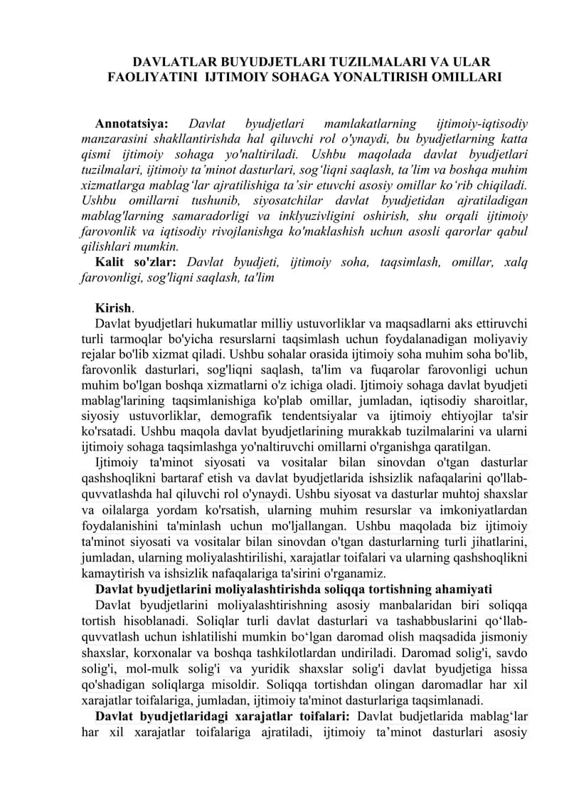 DAVLATLAR BUYUDJETLARI TUZILMALARI VA ULAR FAOLIYATINI  IJTIMOIY SOHAGA YONALTIRISH OMILLARI