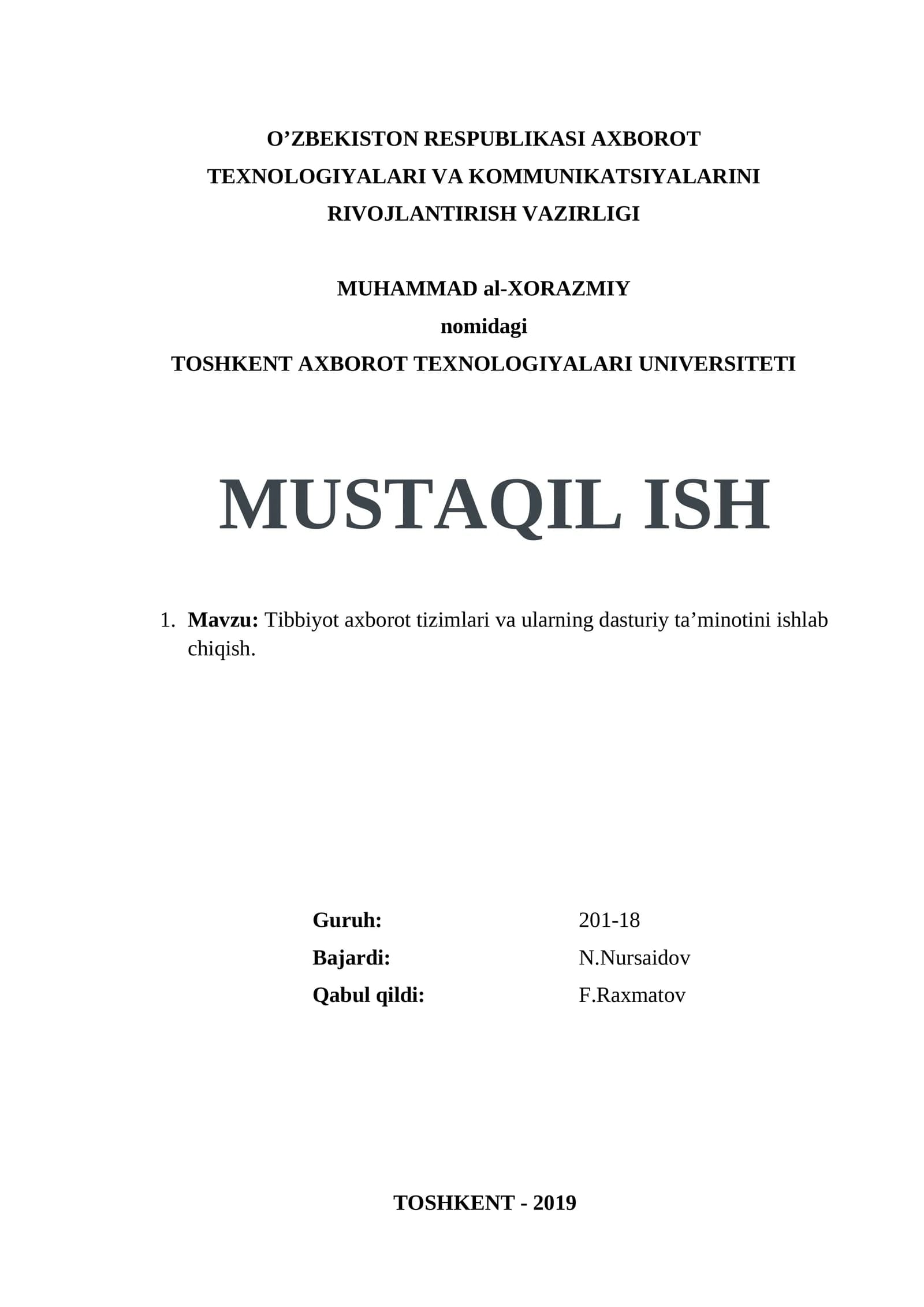 Tibbiyot axborot tizimlari va ularning dasturiy ta’minotini ishlab chiqish