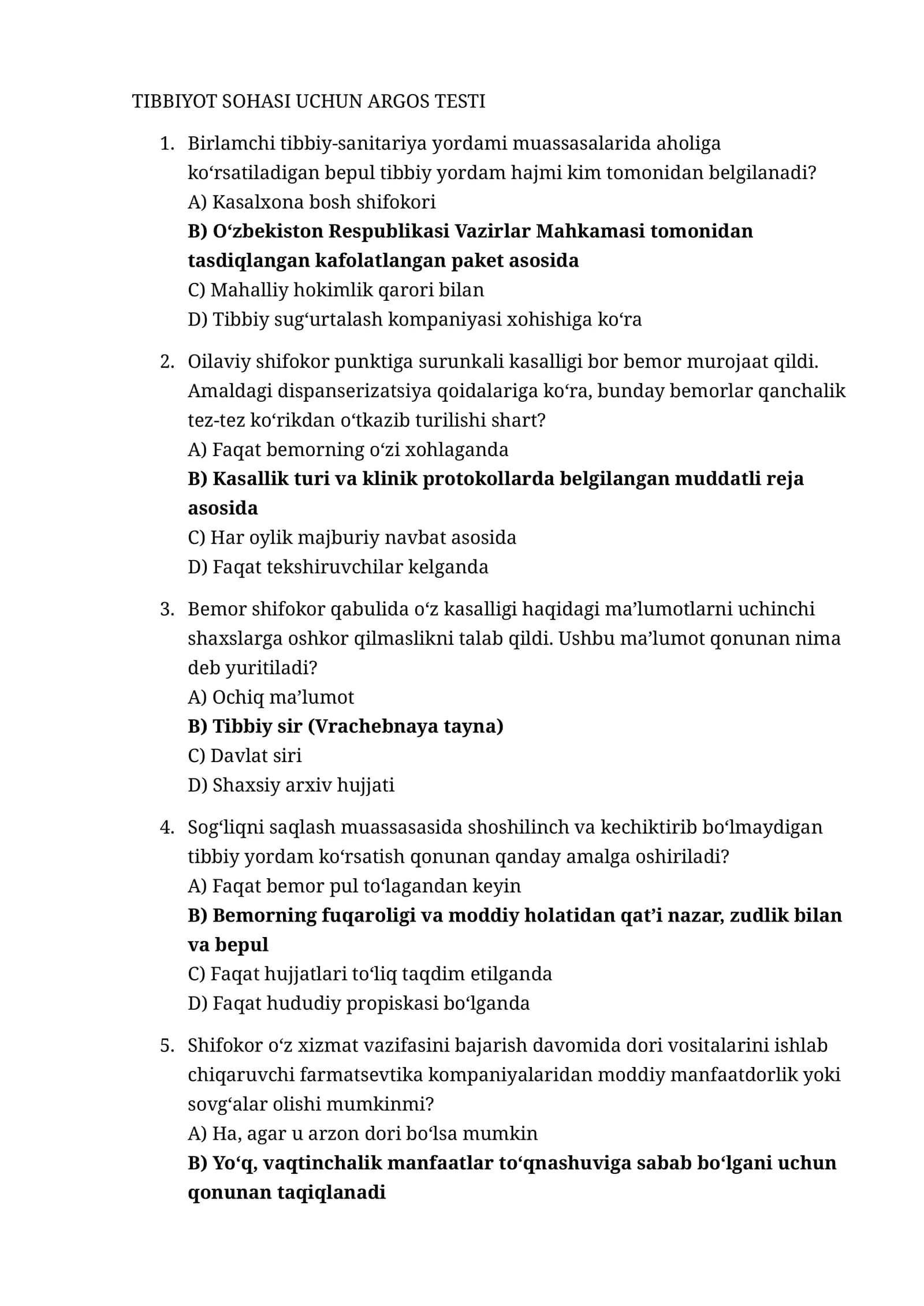 TIBBIYOT SOHASI UCHUN ARGOS TESTI 135 talik test javob formatda