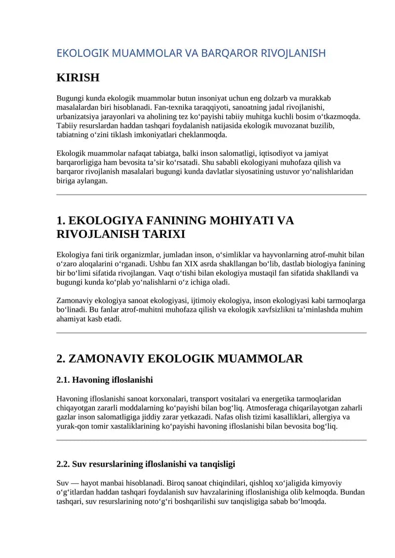 Ekologik muammolar mavzusida referat