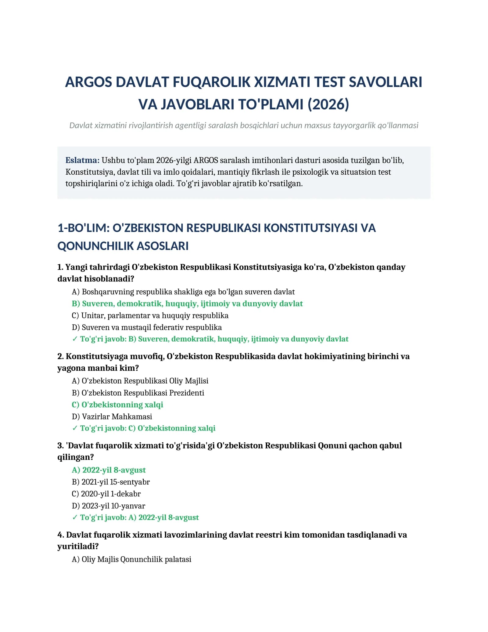 ARGOS Davlat xizmatchilari test savollari va javoblari to'plami (2026)
