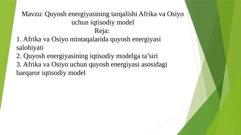 Quyosh energiyasining tarqalishi Afrika va Osiyo uchun iqtisodiy model