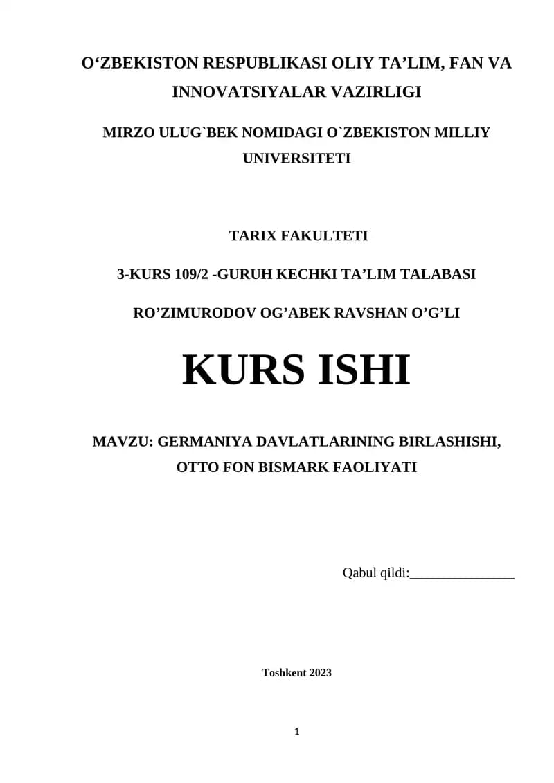 GERMANIYA DAVLATLARINING BIRLASHISHI, OTTO FON BISMARK FAOLIYATI