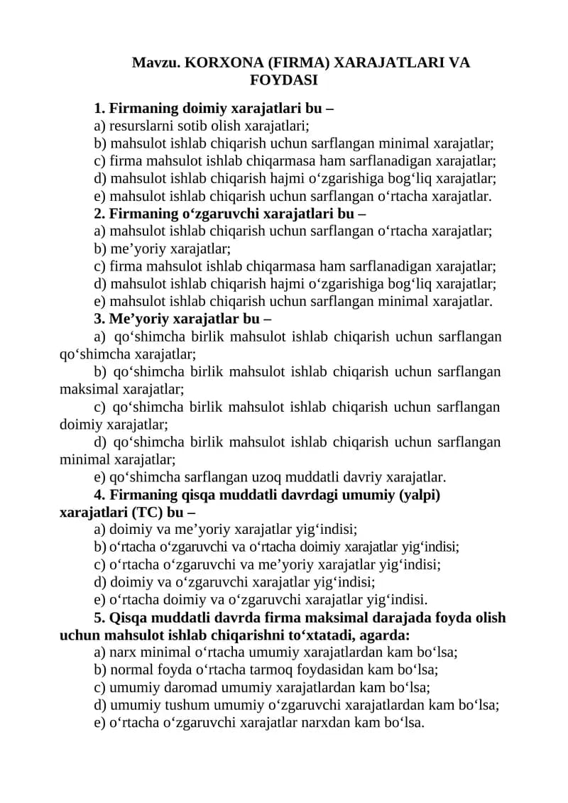 KORXONA (FIRMA) XARAJATLARI VA FOYDASI