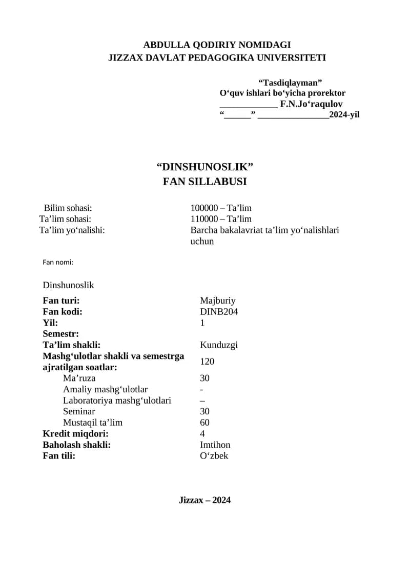 Dinshunoslik Fan Sillabusi