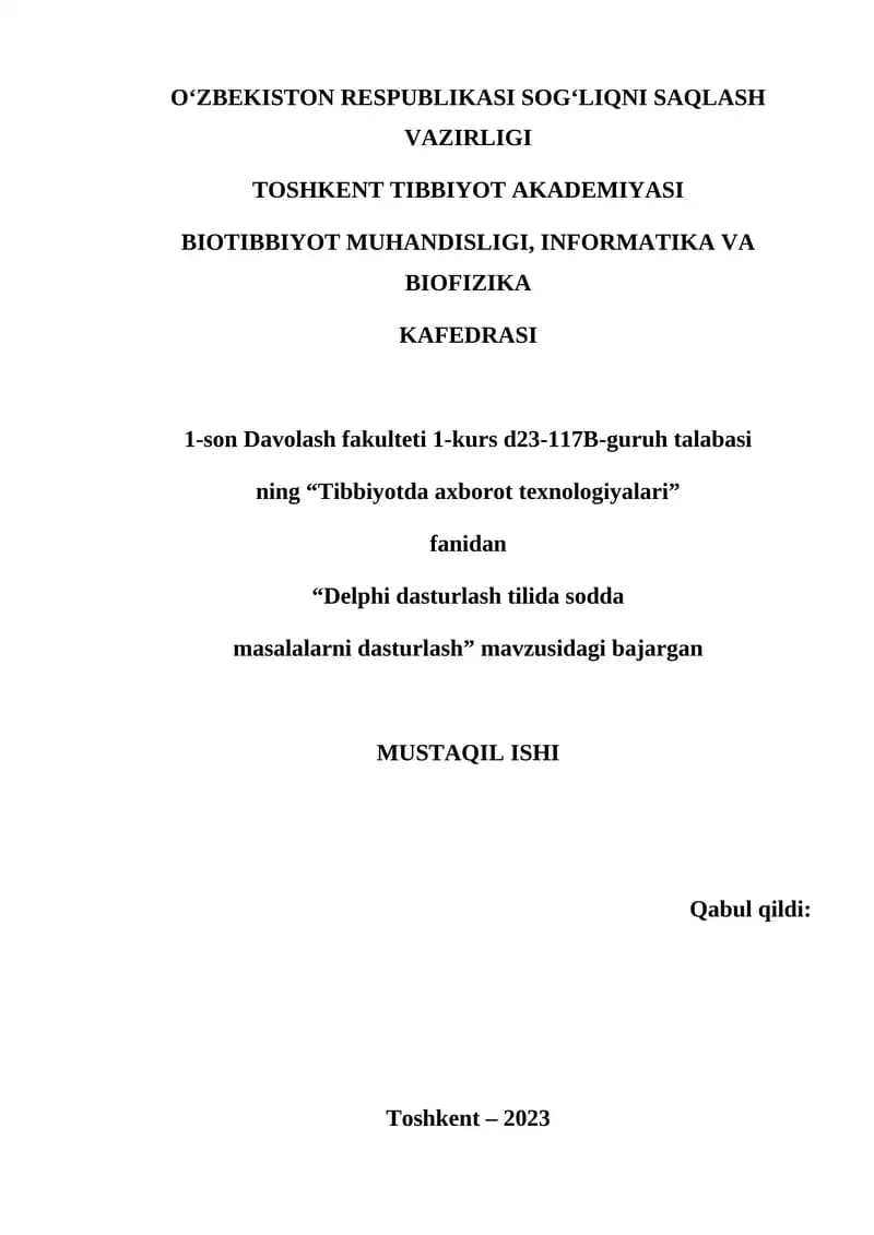 Delphi dasturlash tilida sodda masalalarni dasturlash