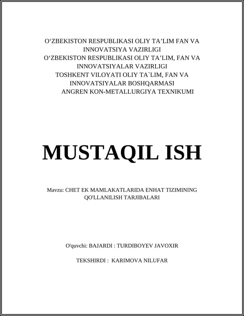 CHET EK MAMLAKATLARIDA ENHAT TIZIMINING QO'LLANILISH TARJIBALARI