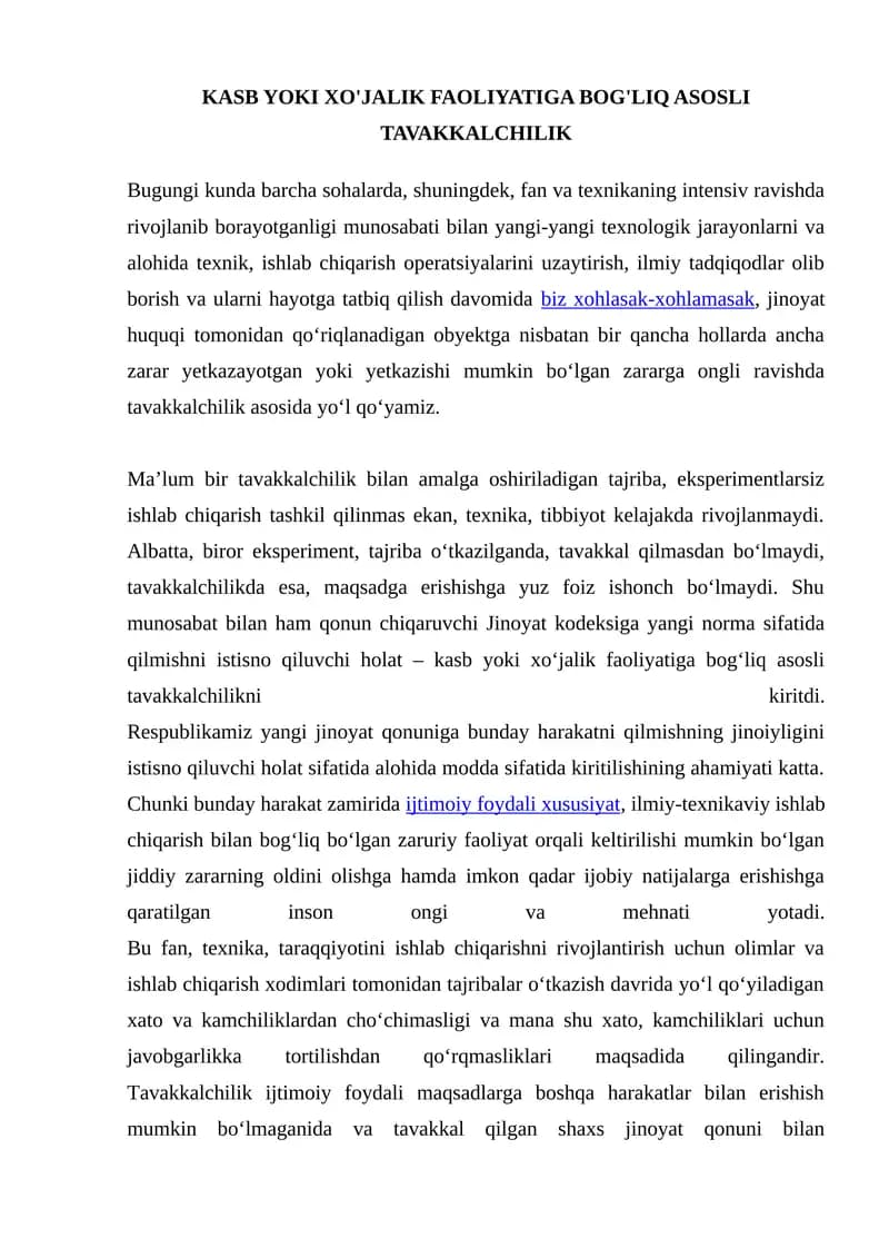 KASB YOKI XO'JALIK FAOLIYATIGA BOG'LIQ ASOSLI TAVAKKALCHILIK