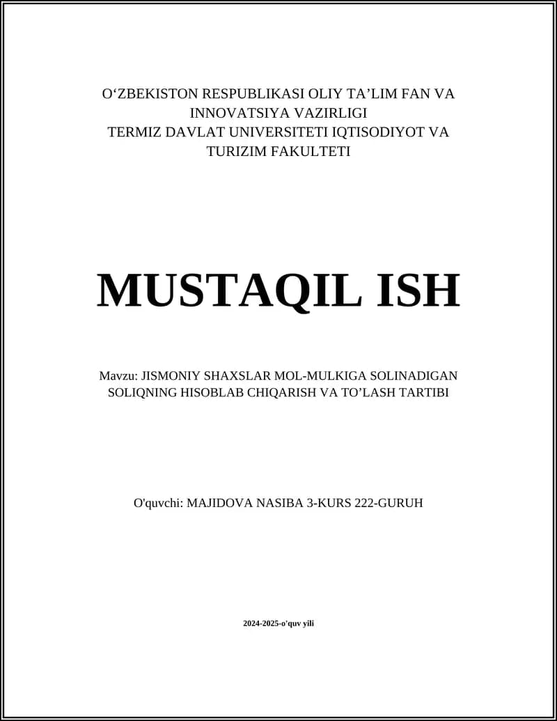 Jismoniy shaxslar mol-mulkining soliqqa hisoblanishi