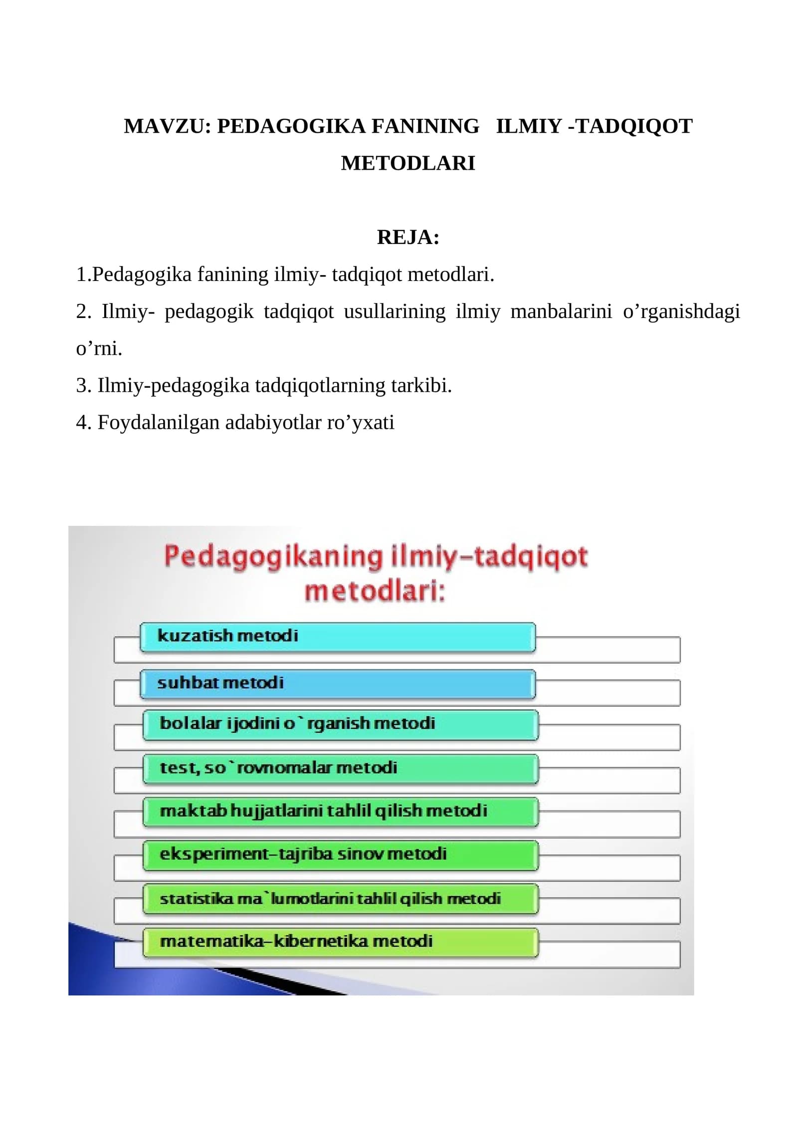 PЕDAGOGIKA FANINING ILMIY-TADQIQOT METODLARI