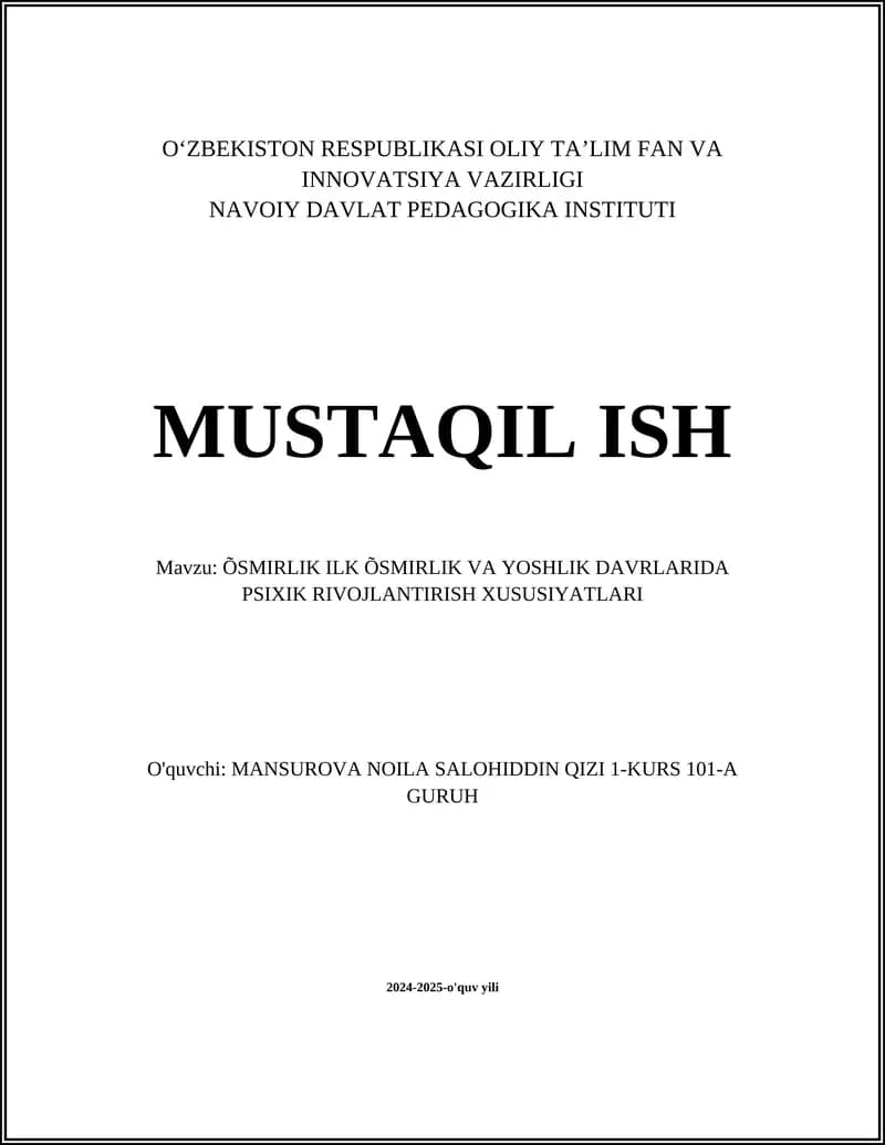 O'smirlik davrida psixologik rivojlanish jarayonlari