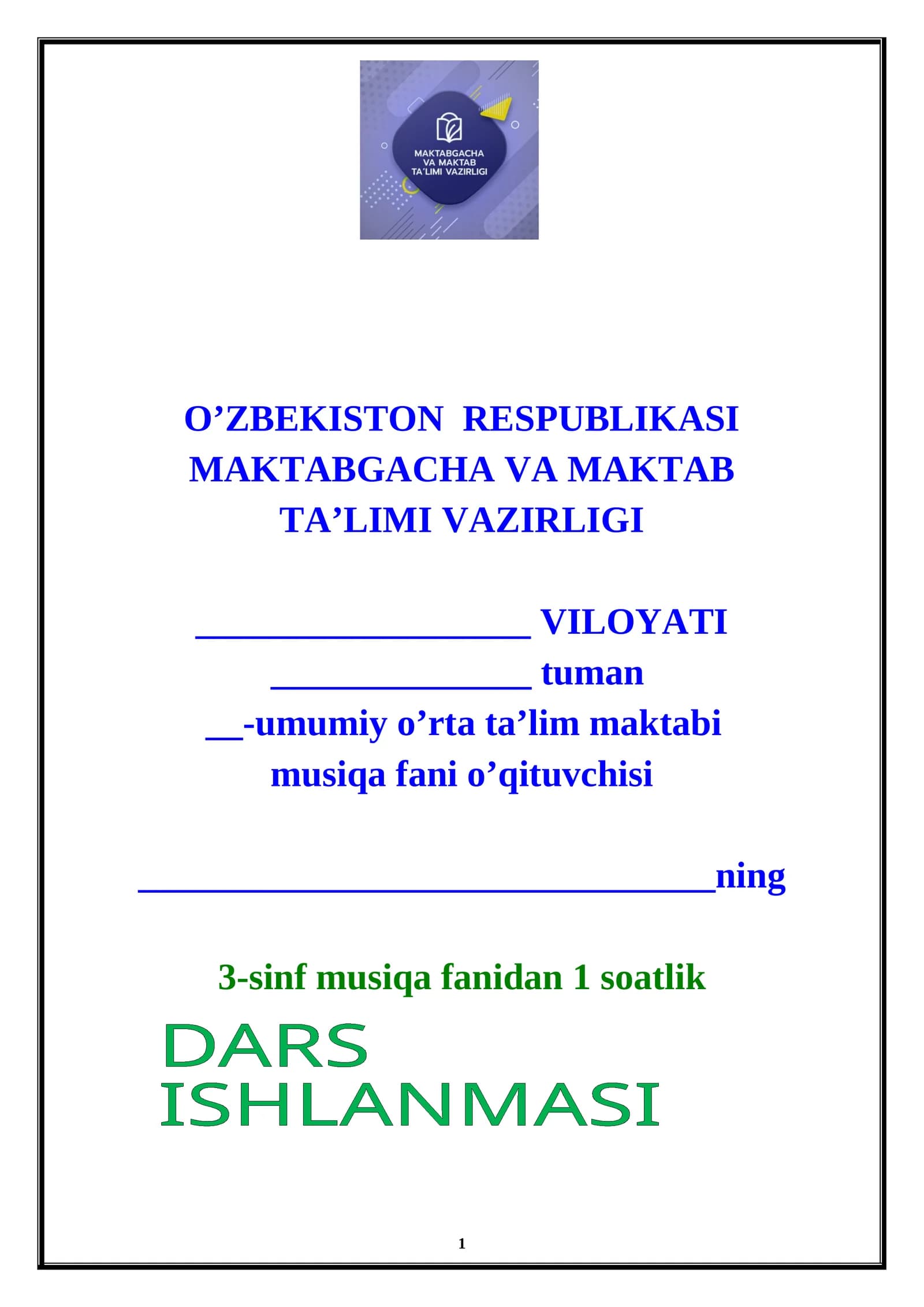 3-sinf Musiqa fanidan dars ishlanmasi