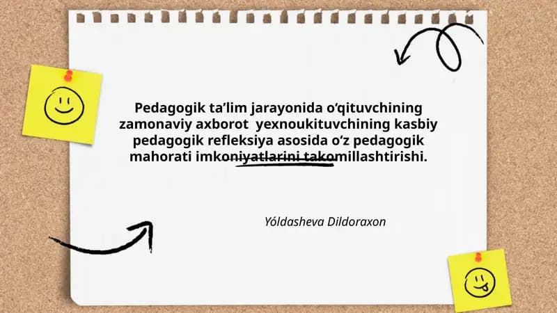 Pedagogik ta’lim jarayonida o‘qituvchining zamonaviy axborot yexnoukituvchining kasbiy pedagogik refleksiya asosida o‘z pedagogik mahorati imkoniyatlarini takomillashtirishi