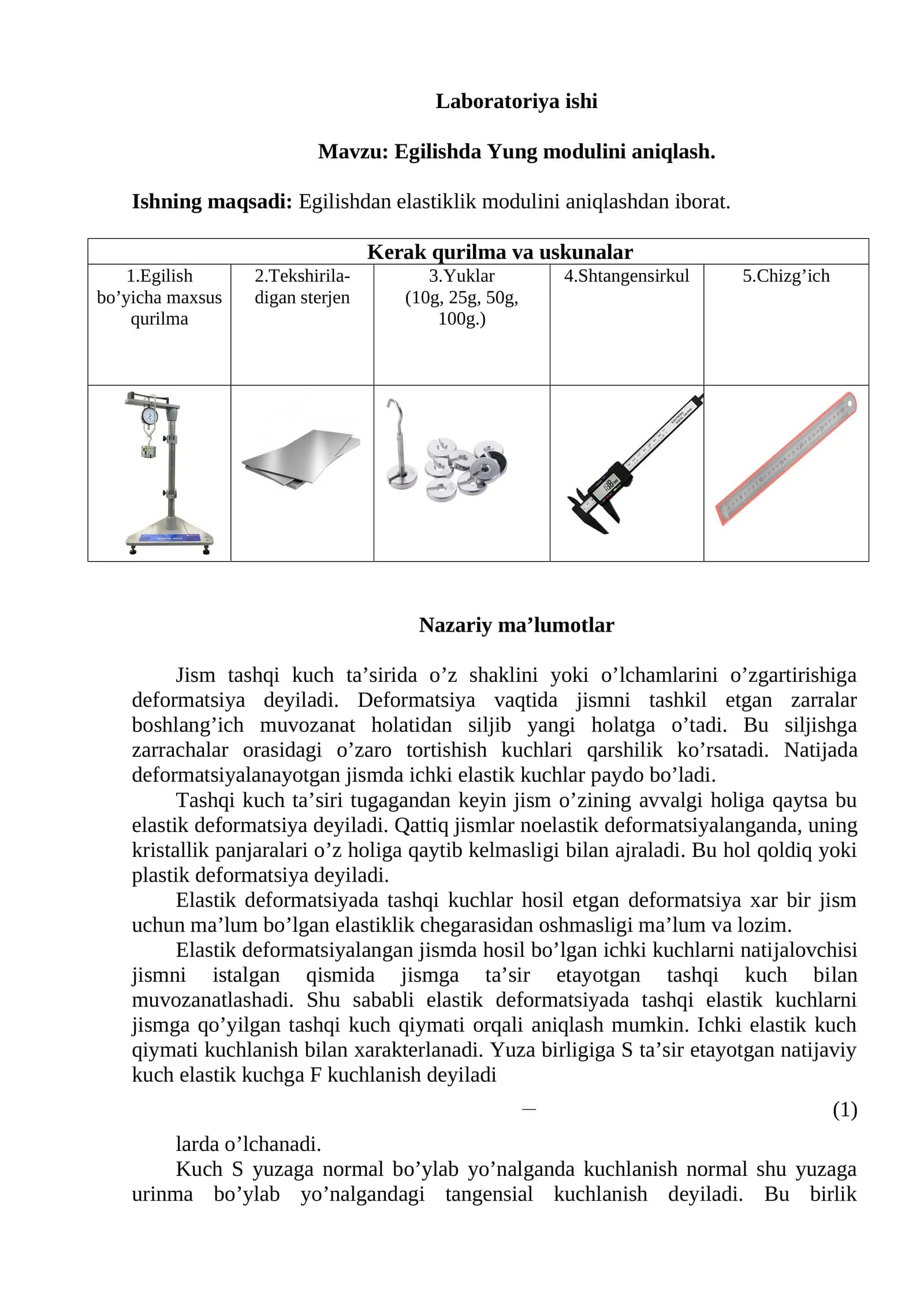 Egilishda Yung modulini aniqlash