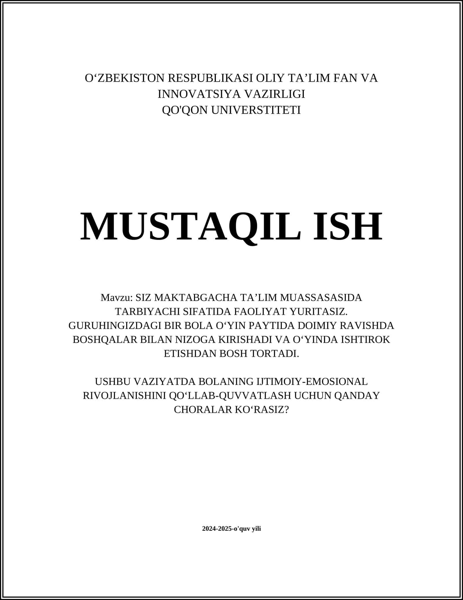 SIZ MAKTABGACHA TA’LIM MUASSASASIDA TARBIYACHI SIFATIDA FAOLIYAT YURITASIZ. GURUHINGIZDAGI BIR BOLA O‘YIN PAYTIDA DOIMIY RAVISHDA BOSHQALAR BILAN NIZOGA KIRISHADI VA O‘YINDA ISHTIROK ETISHDAN BOSH TORTADI. USHBU VAZIYATDA BOLANING IJTIMOIY-EMOSIONAL RIVOJLANISHINI QO‘LLAB-QUVVATLASH UCHUN QANDAY CHORALAR KO‘RASIZ?