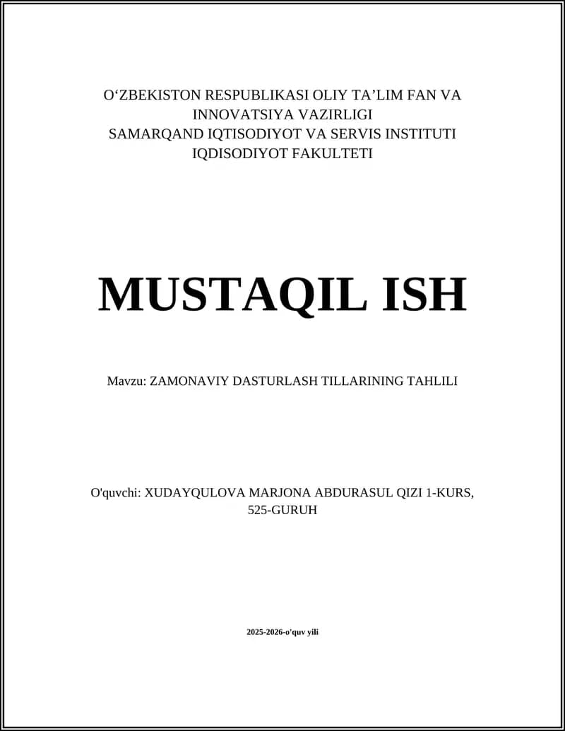 ZAMONAVIY DASTURLASH TILLARINING TAHLILI