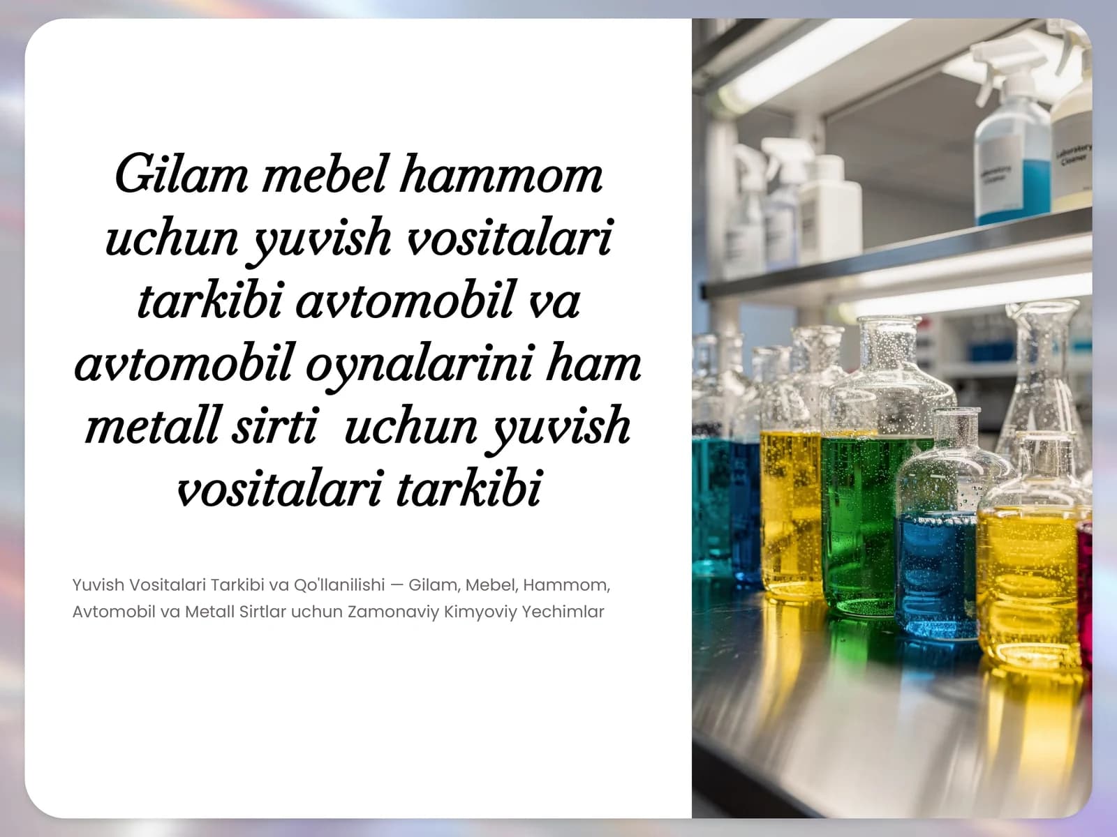 Gilam mebel hammom uchun yuvish vositalari tarkibi avtomobil va avtomobil oynalarini ham metall sirti  uchun yuvish vositalari tarkib