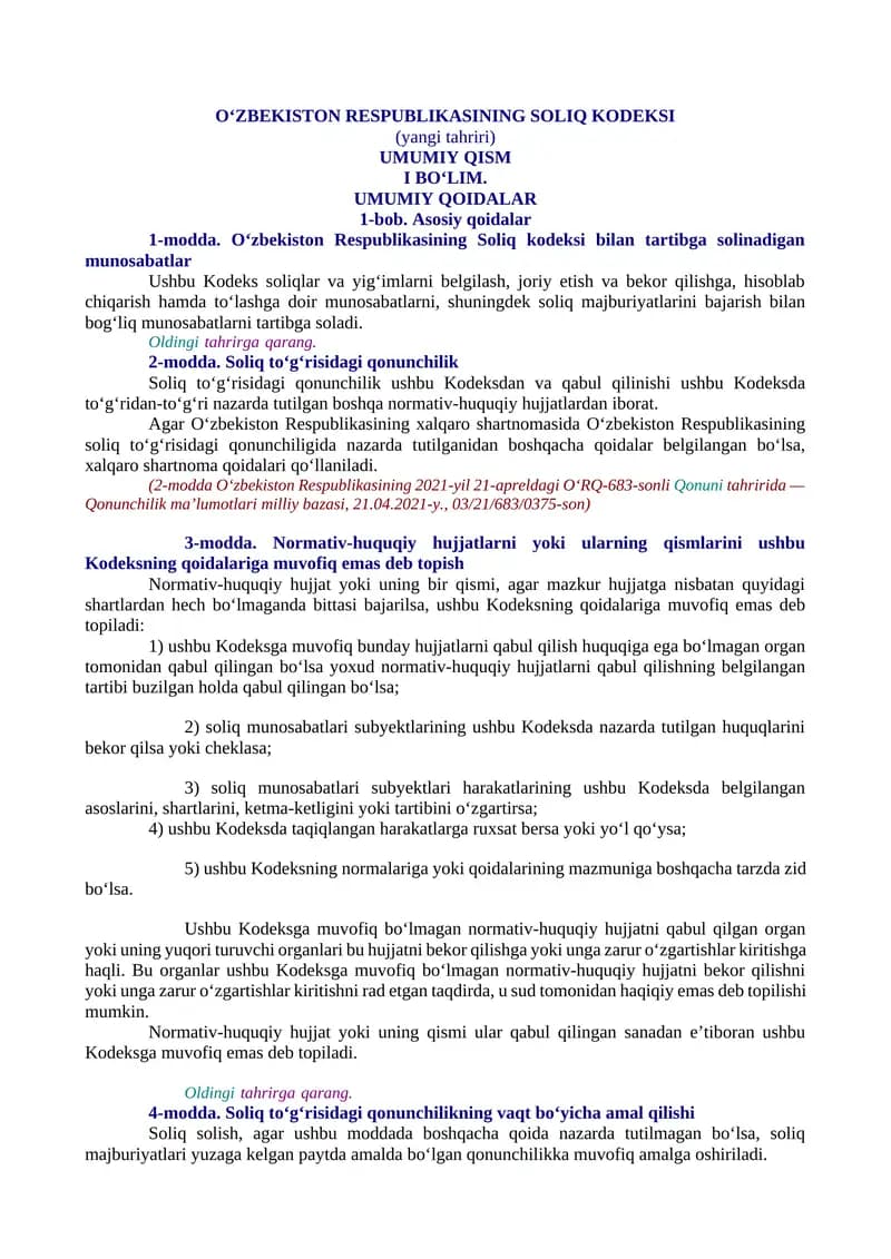 O‘zbekiston Respublikasining Soliq kodeksi (yangi tahriri)