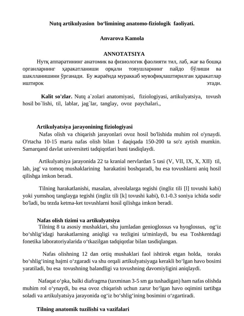 Nutq artikulyasion bo‘limining anatomo-fiziologik faoliyati