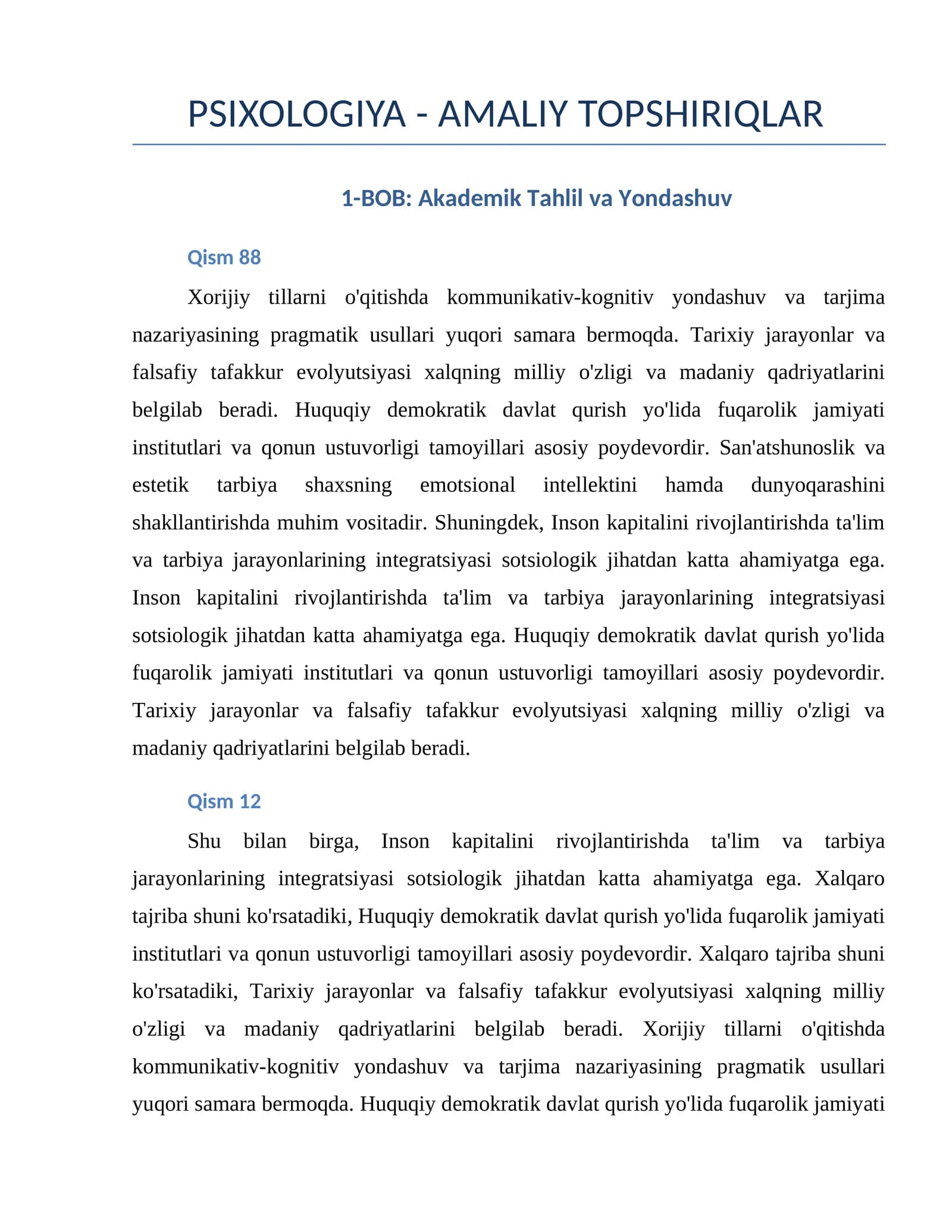 PSIXOLOGIYA - AMALIY TOPSHIRIQLAR
