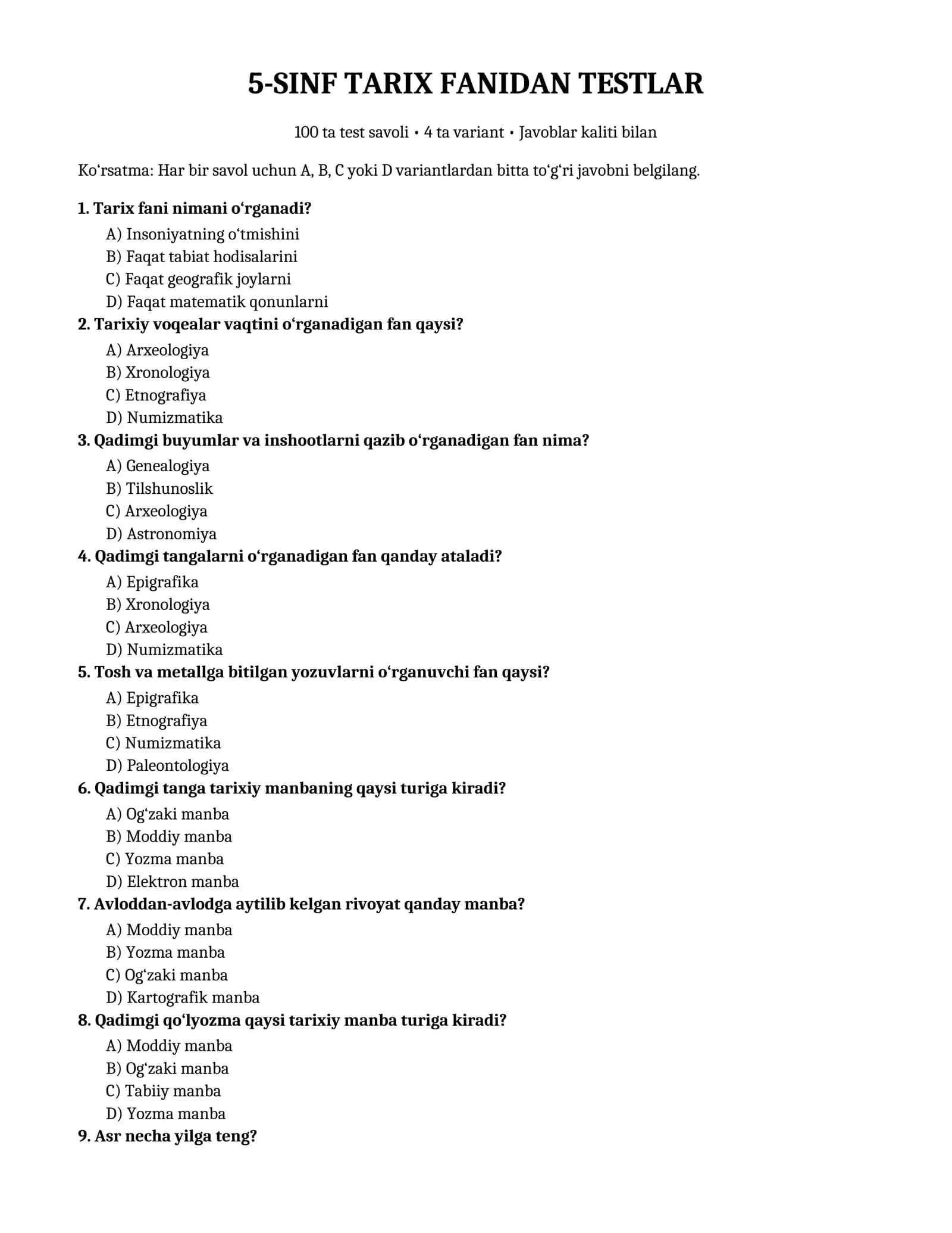 5-sinf Tarix fanidan 100 ta test — savollar va javoblar