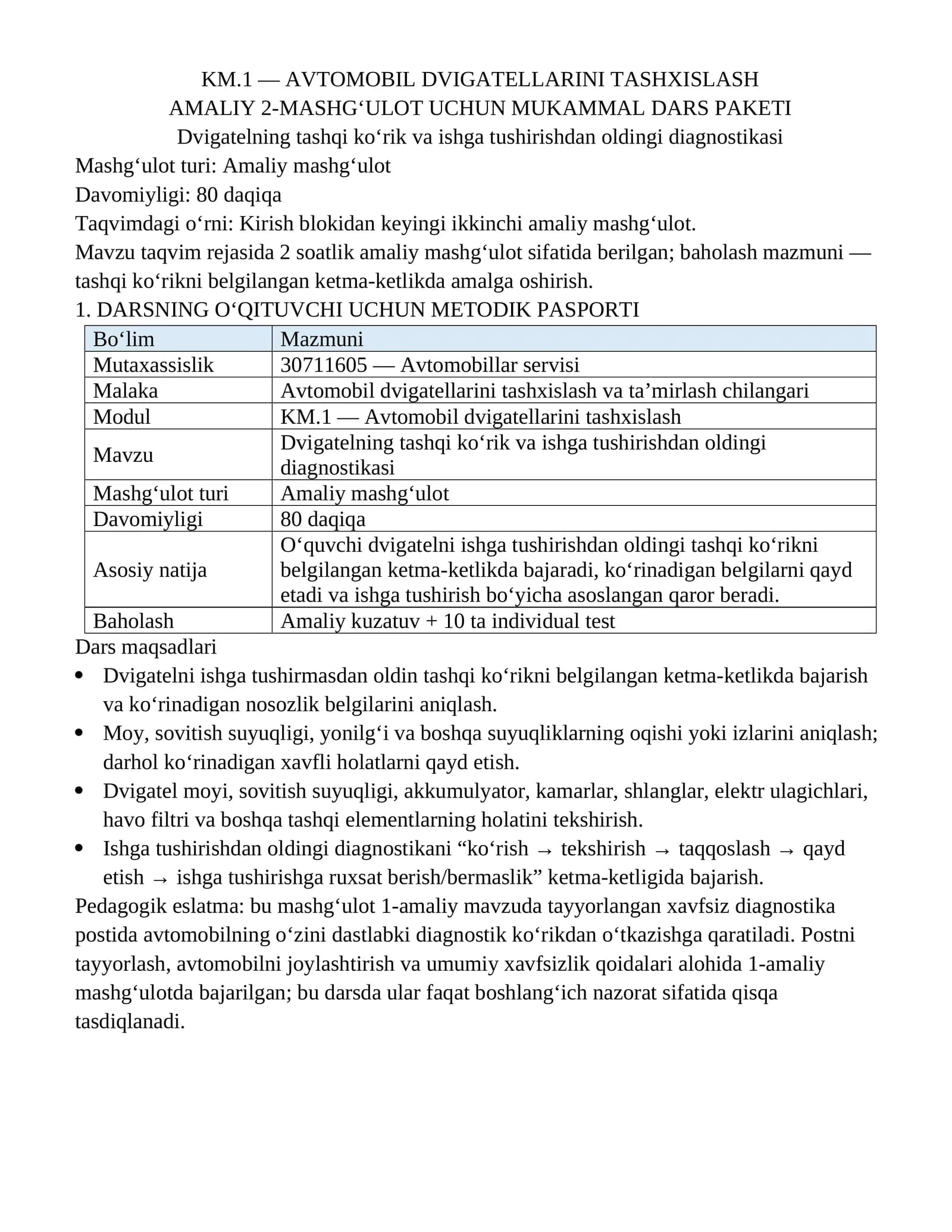 KM.1 — AVTOMOBIL DVIGATELLARINI TASHXISLASH.Amaliy_2_Dvigatelning_tashqi_korik_va_ishga_tushirishdan_oldingi_diagnostikasi