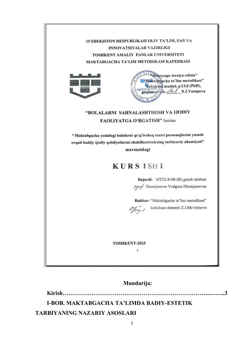 Maktabgacha yoshdagi bolalarni qo'g'irchoq teatiri personajlarini yasash orqali badiiy ijodiy qobilyatlarini shakillantirishning tarbiyaviy ahamiyati