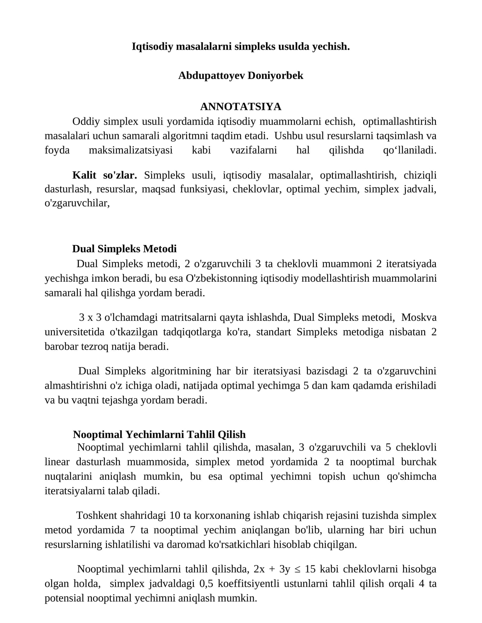 Simpleks usuli va Dual Simpleks Metodi
