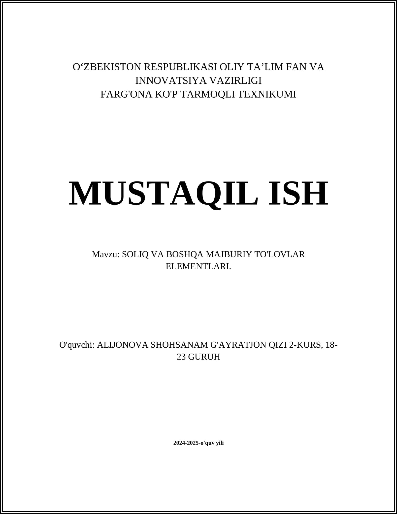 SOLIQ VA BOSHQA MAJBURIY TO'LOVLAR ELEMENTLARI