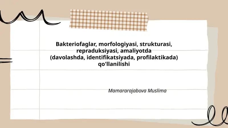 Bakteriofaglar, morfologiyasi, strukturasi, repraduksiyasi, amaliyotda (davolashda, identifikatsiyada, profilaktikada) qo'llanilishi