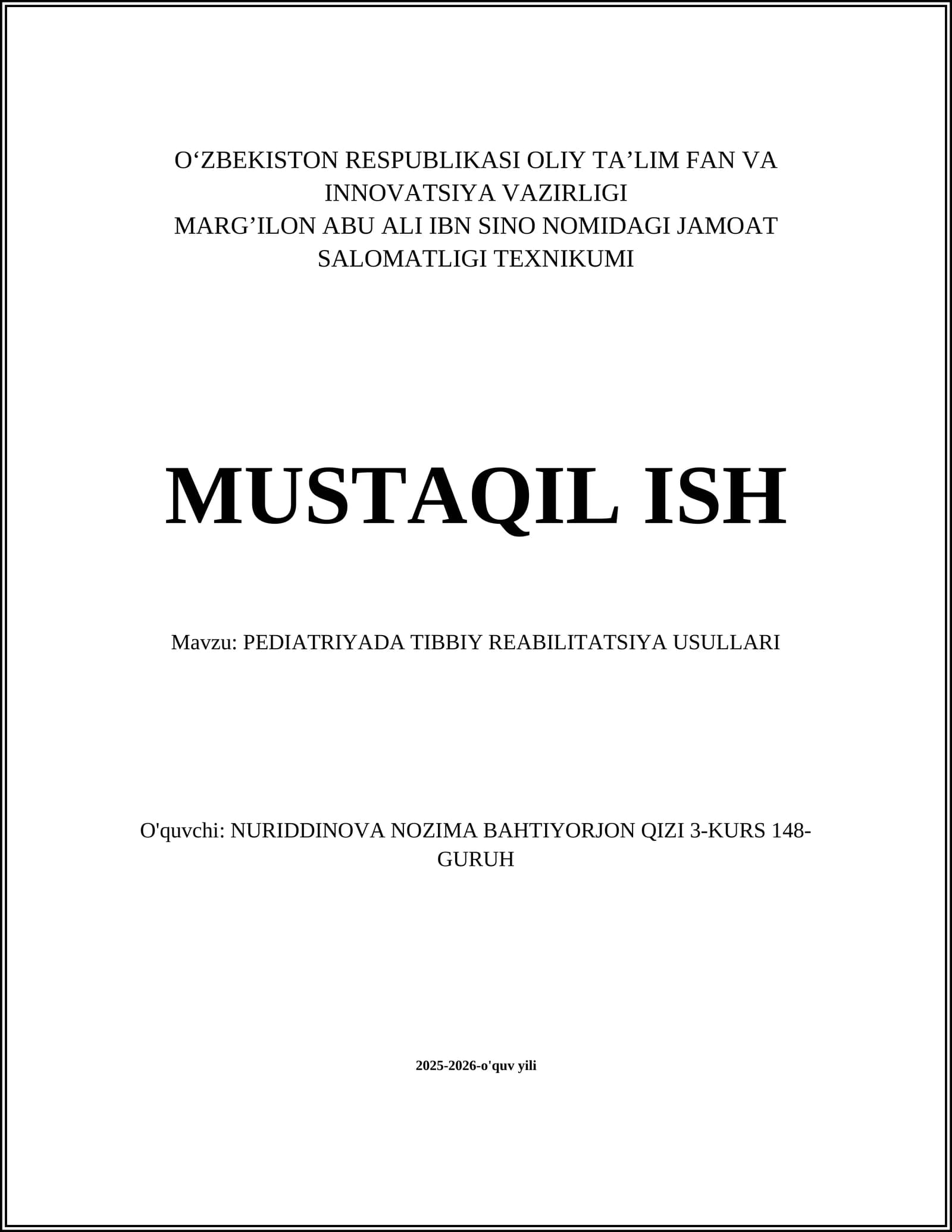 PEDIATRIYADA TIBBIY REABILITATSIYA USULLARI