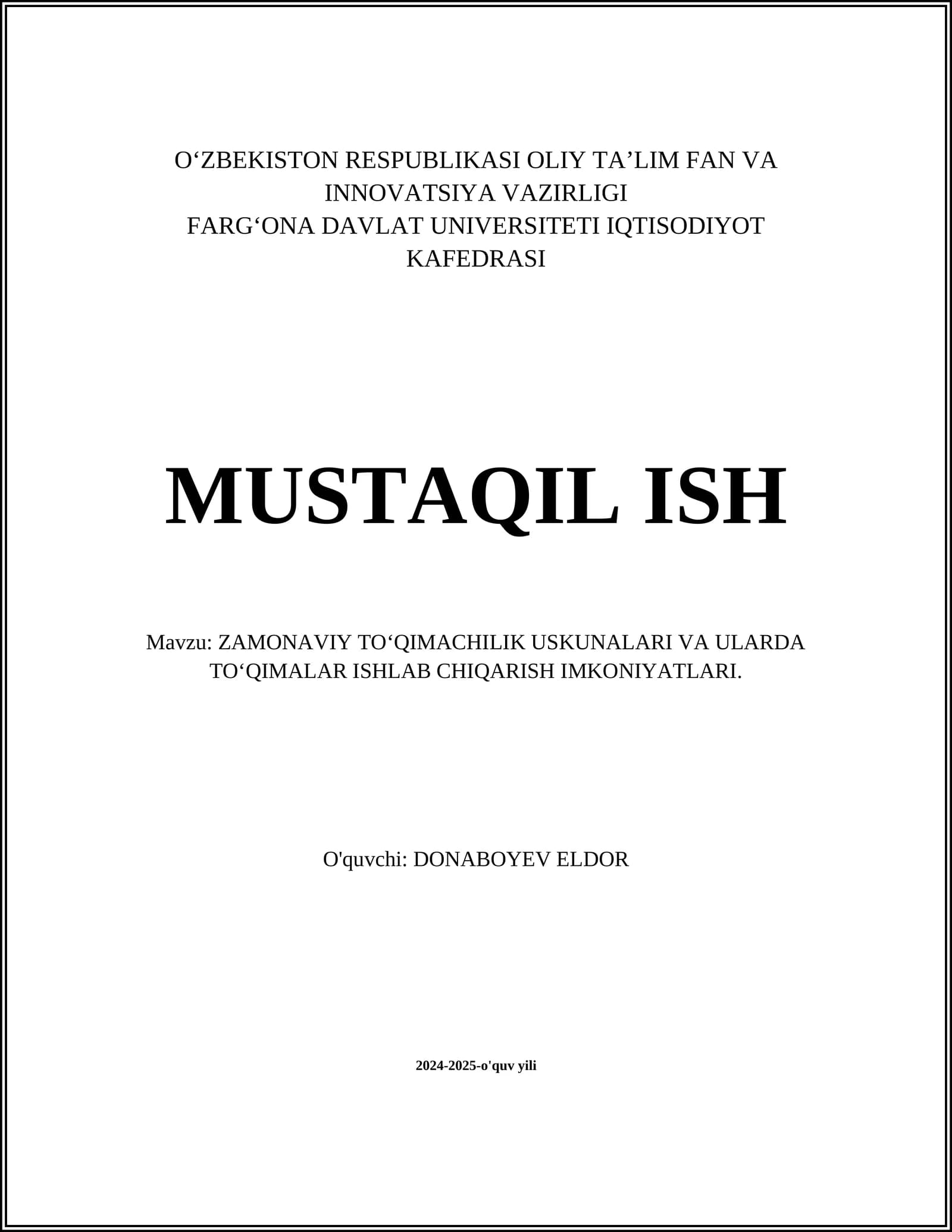 ZAMONAVIY TOʻQIMACHILIK USKUNALARI VA ULARDA TOʻQIMALAR ISHLAB CHIQARISH IMKONIYATLARI
