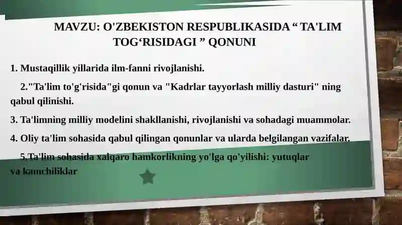 O'zbekiston RESPUBLIKASIDA  ta'lim to'g'risidagi qonuni slayt