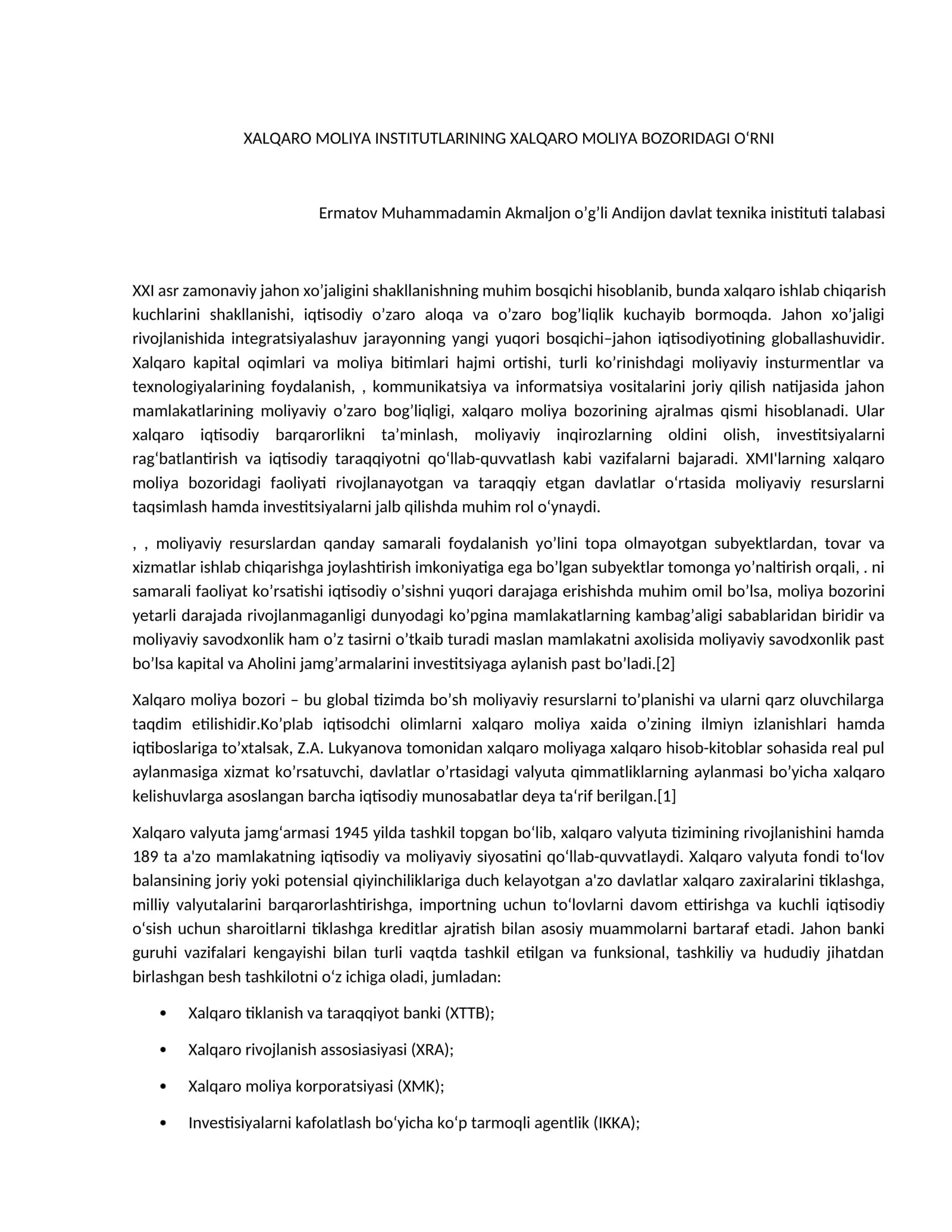 XALQARO MOLIYA INSTITUTLARINING XALQARO MOLIYA BOZORIDAGI O‘RNI