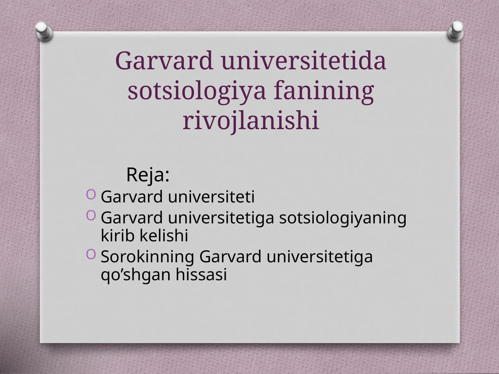Garvard universitetida sotsiologiya fanining rivojlanishi