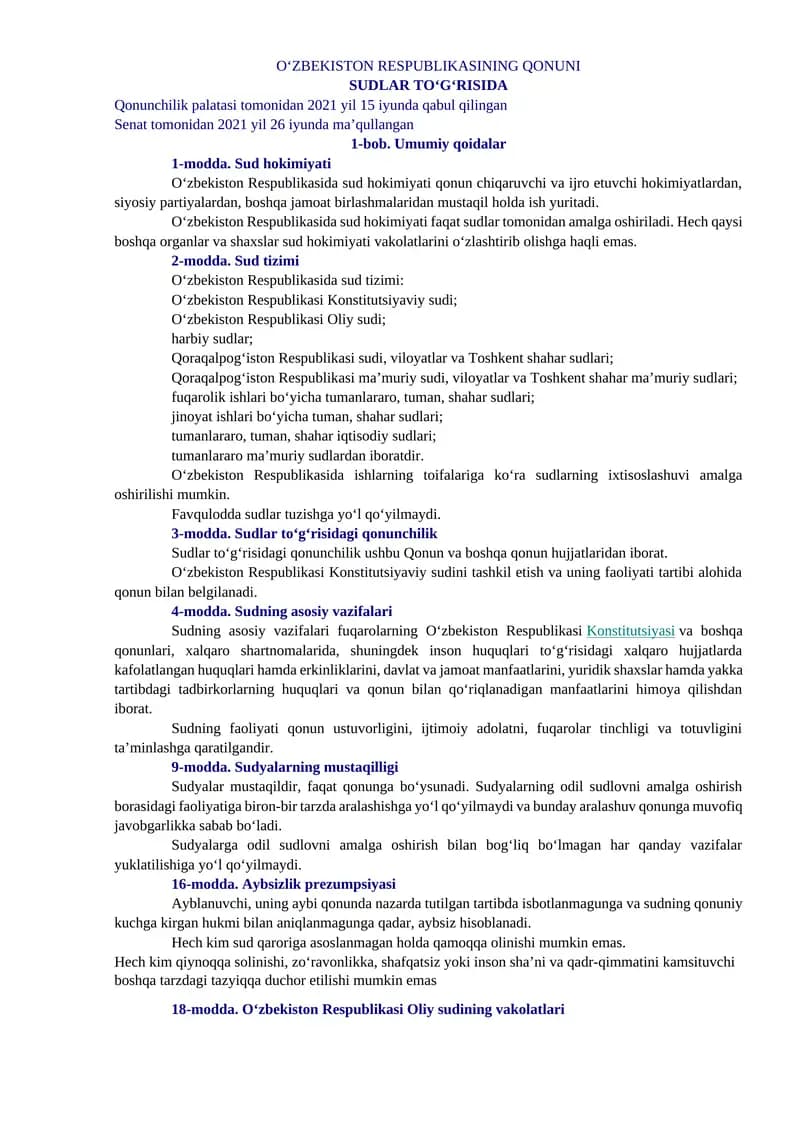 O‘ZBEKISTON RESPUBLIKASINING QONUNI SUDLAR TO‘G‘RISIDA