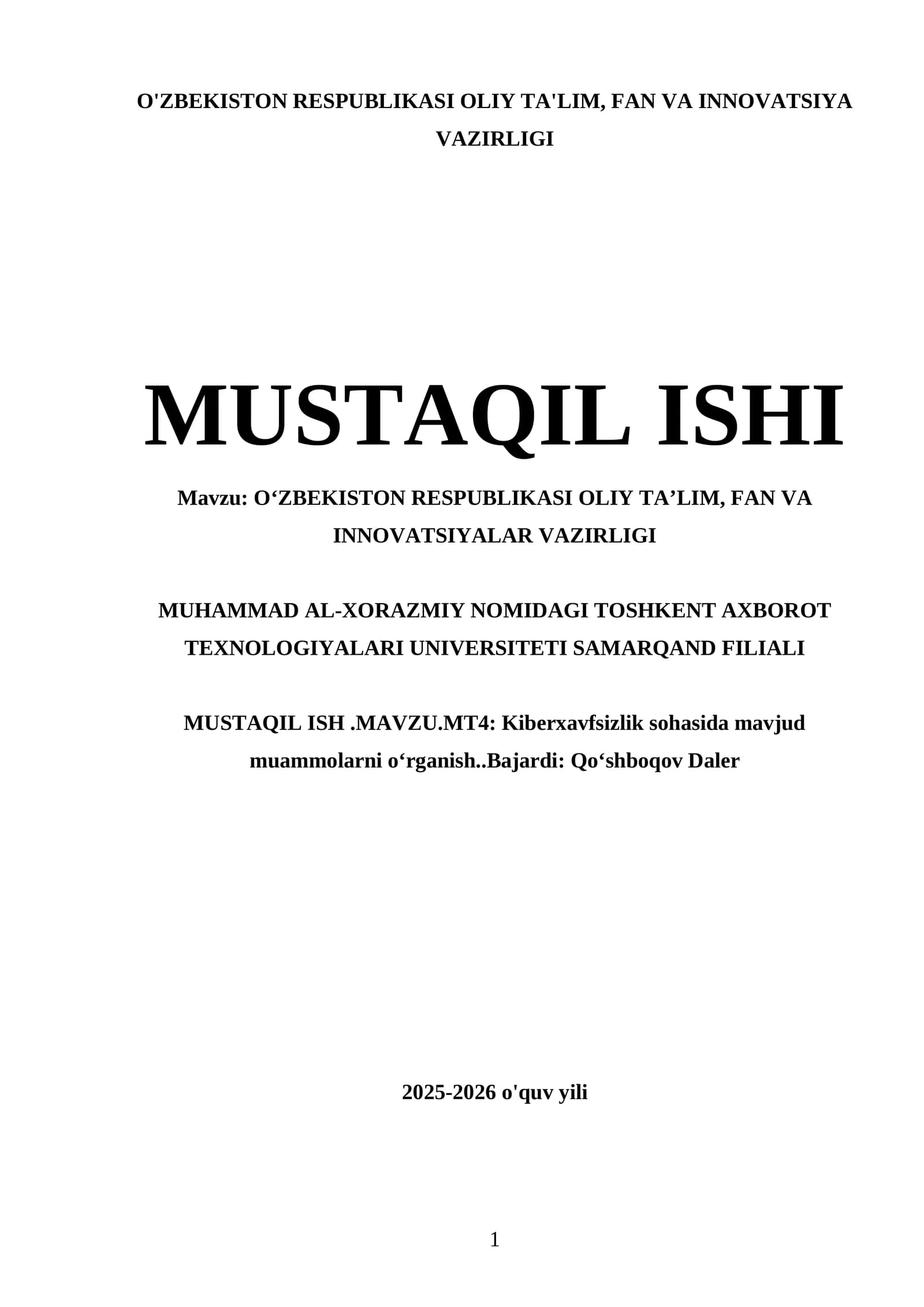 Muhammad al-Xorazmiy nomidagi Toshkent Axborot texnologiyalari universiteti Samarqand filiali mustaqil ish