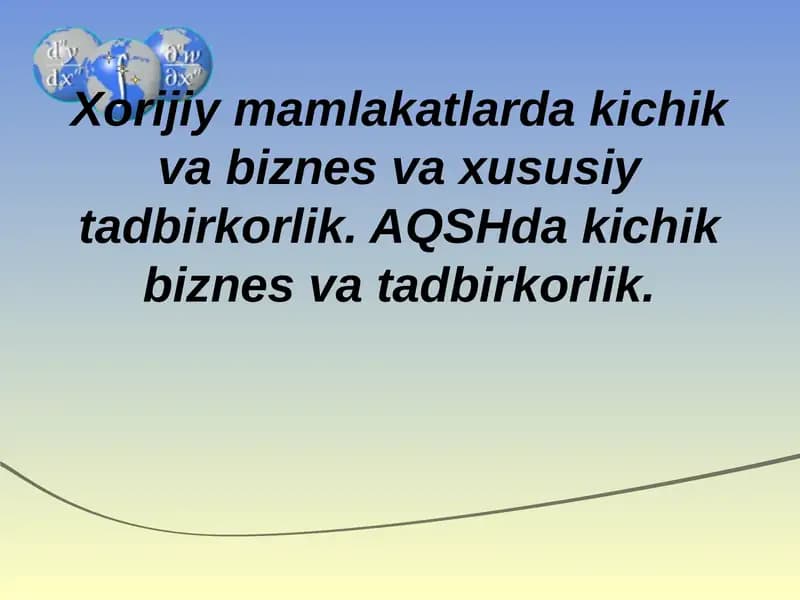 Xorijiy mamlakatlarda kichik va biznes va xususiy tadbirkorlik. AQSHda kichik biznes va tadbirkorlik.