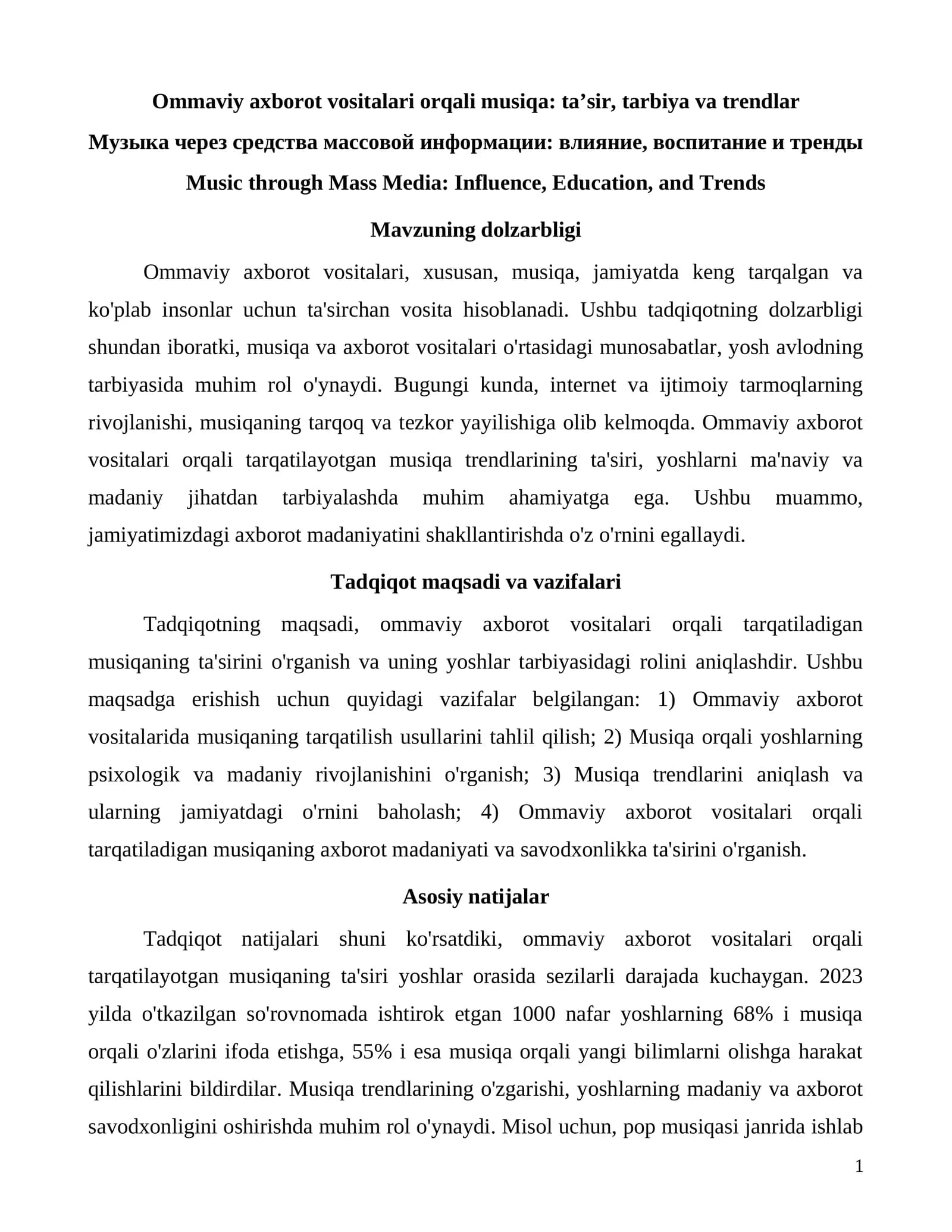 Ommaviy axborot vositalari orqali musiqa: ta’sir, tarbiya va trendlar