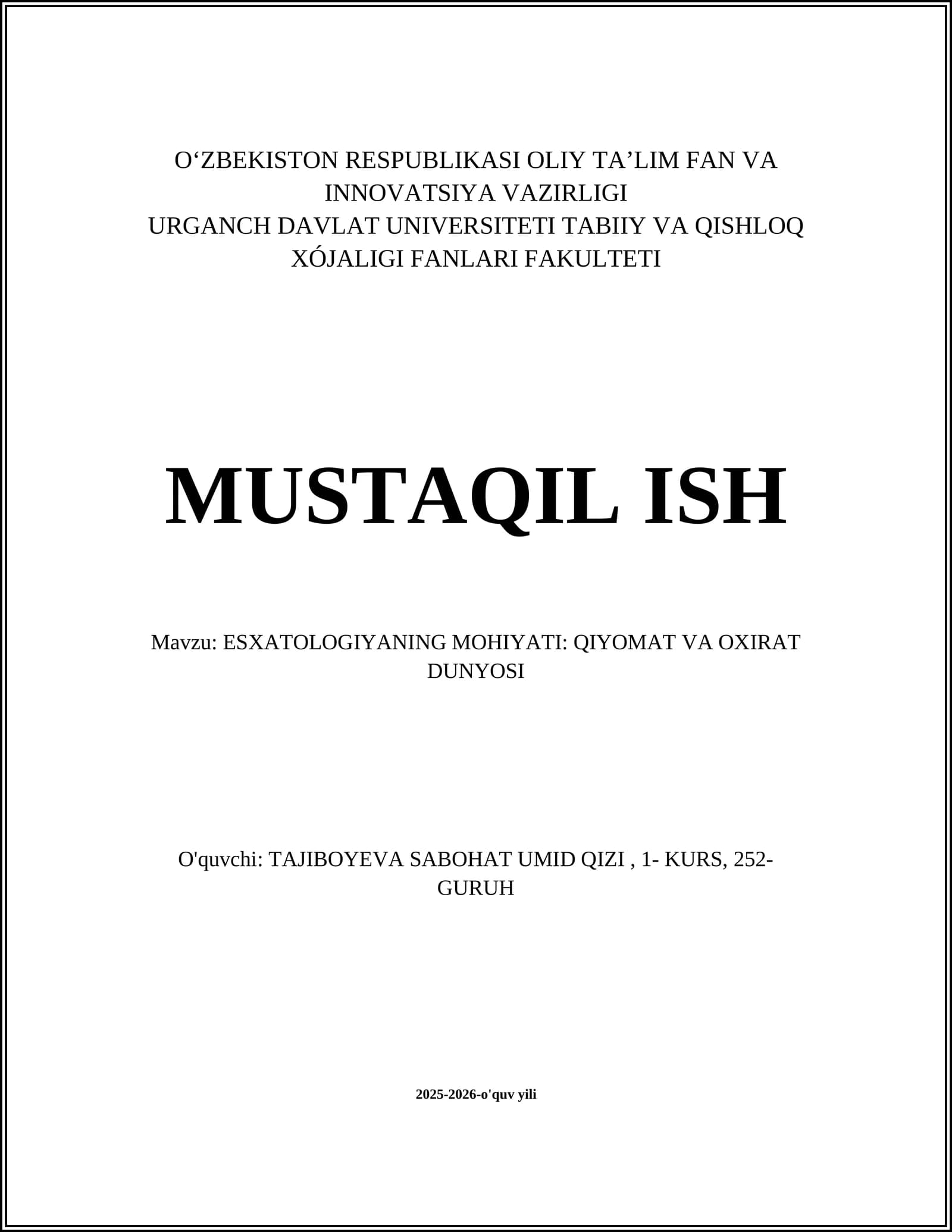 ESXATOLOGIYANING MOHIYATI: QIYOMAT VA OXIRAT DUNYOSI