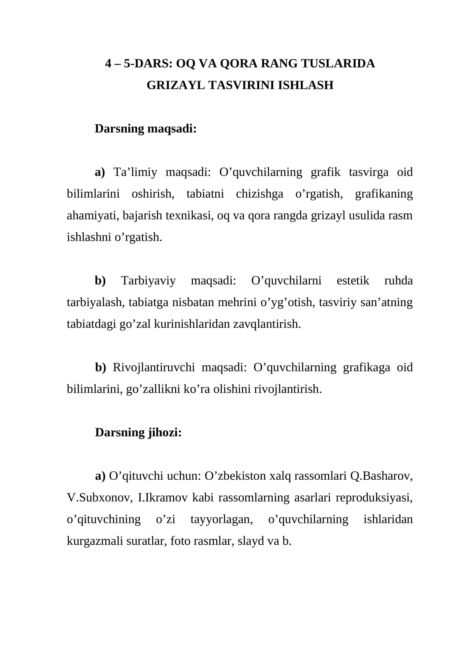 OQ VA QORA RANG TUSLARIDA GRIZAYL TASVIRINI ISHLASH Dars ishlanma